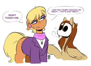 blonde_hair brown_hair clothing dripping duo ear_piercing eyeshadow female female/female feral hair jacket jewelry makeup mask necklace piercing pink_scarf purple_clothing purple_eyeshadow purple_jacket purple_topwear scarf tail text topwear wings yellow_tail redxbacon friendship_is_magic hasbro my_little_pony mythology fan_character ms._harshwhinny_(mlp) red_(redxbacon) earth_pony equid equine horse mammal mythological_creature mythological_equine pegasus pony english_text