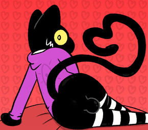 anthro balls black_body bottomless butt clothed clothing genitals gesture lying male on_side pattern_background pupils purple_clothing purple_sweater purple_topwear simple_background solo stripes sweater tail tail_gesture tail_heart topwear yellow_sclera silly_imp silly_imp_(character) demon domestic_cat felid feline felis imp mammal