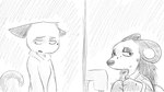 anthro bodily_fluids clothed clothing duo ears_back female freckles half-closed_eyes hoodie looking_away narrowed_eyes nervous pivoted_ears quills_(anatomy) sewing_machine simple_background snout sweat sweatdrop tail topwear dragonweirdo animal_crossing nintendo olivia_(animal_crossing) sable_able domestic_cat eulipotyphlan felid feline felis hedgehog mammal 16:9 dialogue_in_description greyscale hi_res monochrome story story_in_description widescreen