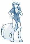 2018 anthro barefoot biped blue_and_white bottomless breasts canid canine canis casual_exposure cleavage clothed clothing conditional_dnp digitigrade feet female hand_on_hip hi_res keidran mammal monochrome natani necktie open_clothing open_shirt open_topwear partially_clothed seductive shirt simple_background sketch smile solo tom_fischbach topwear twokinds white_background wolf