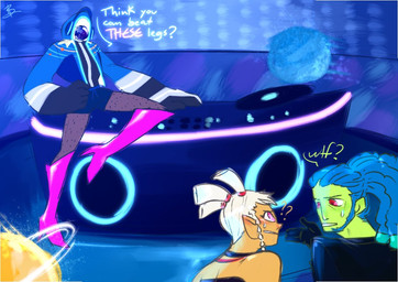 abstract_background asking blue_background bodily_fluids body_hair boots bottomwear braided_hair choker clothed clothing confusion crossdressing dialogue dj_table electronics exclamation_point female femboy footwear for_a_head glowing_text green_body green_skin group hair headgear headphones high_heels highlighted_text hoodie humanoid_pointy_ears humor jacket jewelry leg_hair long_hair looking_at_another male multicolored_hair necklace not_furry orange_body orange_skin orb partial_speech_bubble pigtails pointy_ears ponytail pose purple_body purple_skin question question_mark questioning_tone raised_leg record red_eyes shirt shoes short_hair shorts simple_background space star star_eyes sun sweat teal_hair teeth text text_emphasis thick_thighs topwear white_hair yes-no_question teemble no_straight_roads undertale undertale_(series) dj_subatomic_supernova mayday_(nsr) mettaton zuke_(nsr) human humanoid mammal object_head crossover english_text