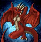 abs anthro biped blue_eyes breasts female horn kneeling looking_at_viewer membrane_(anatomy) membranous_wings non-mammal_breasts nude raised_arm red_body red_skin smile solo tail tongue wings kurtassclear mythology evellyn dragon mythological_creature mythological_scalie scalie 2014 hi_res