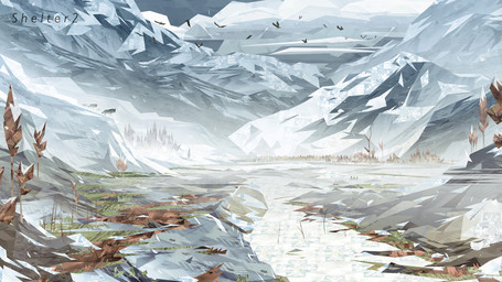 ambiguous_gender feral flying grass group ice mountain nature nature_background on_model outside plant scenery snow stylized text tree tundra winter unknown_artist might_and_delight shelter_(game_series) avian bird canid canine canis mammal wolf hi_res lineless official_art wallpaper