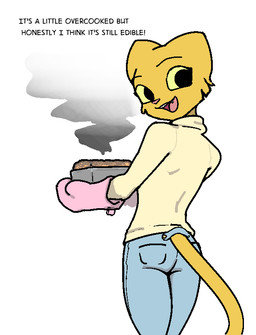 anthro baking cooking female food furgonomics looking_at_viewer looking_back simple_background solo text white_background filthypally microsoft prequel_adventure the_elder_scrolls katia_managan felid khajiit mammal english_text