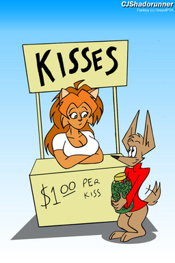 booth booth_(structure) breasts cleavage clothed clothing duo female male male/female money shirt topwear vendor_stand chrisandcompany daryl_vecat canid canine canis domestic_cat domestic_dog felid feline felis mammal 2:3 hi_res