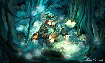 anthro biped book bottomwear brown_body clothing detailed_background eyewear hat headgear headwear humanoid_hands kemono magic male monocle outside overweight overweight_male pants plant tree yuyuitudou mammal procyonid raccoon 2025 hi_res