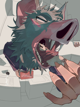 ambiguous_gender bat_ears black_body black_fur blush blush_lines business_suit close-up clothing container cup detailed_background duo emanata fangs feral feral_prey for_a_head fur grey_body grey_fur high-angle_view holding_another humanoid_pred imminent_vore in_mouth larger_humanoid larger_male larger_pred light_body light_skin looking_up lunchbox male male/ambiguous mug nails neck_tuft no_pupils open_mouth peeking_around_corner perspective perspective_shot predator/prey questionable_consent scared sharp_nails sharp_teeth size_difference smaller_ambiguous smaller_feral snout standing suit teeth tongue tongue_wrap tuft vore white_body white_eyes white_fur willing_pred 504ukin dispatch robert_robertson_(dispatch) sonar_(dispatch) animal_head animal_humanoid bat bat_humanoid human humanoid hybrid mammal mammal_humanoid mouse murid murine rodent 3:4 detailed digital_drawing_(artwork) digital_media_(artwork) hi_res