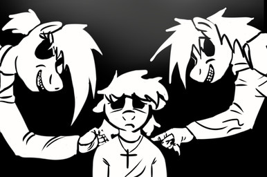 anthro black_background bullying christian_cross christian_symbol cross cross_necklace evil_grin female group jewelry male mocking necklace religion religious_symbol sad silhouette simple_background smile torment trio juninhooficial christianity elmo_(juninhooficial) juninho_(juninhooficial) paulinho_(juninhooficial) equid equine horse mammal pony black_and_white hi_res monochrome