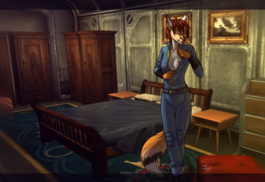 anthro areola bed biped breasts brown_hair clothing eyes_closed female furniture hair inner_ear_fluff inside nipples pillow smile solo standing tuft undressing vault_suit hastogs fallout microsoft canid canine fox mammal