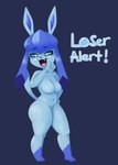 4_fingers anthro anthrofied blue_body blue_hair blue_sclera breasts cute_fangs dialogue featureless_breasts female fingers hair hand_on_hip looking_at_viewer navel nude open_mouth pokemorph shaming simple_background smile solo standing talking_to_viewer text white_eyes nebssik nintendo pokemon canid eeveelution generation_4_pokemon glaceon mammal pokemon_(species) 2021 absurd_res english_text hi_res