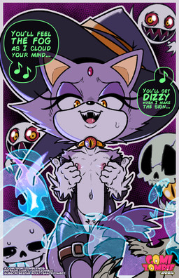 5_fingers anthro anthro_focus black_chest black_jumpsuit black_nose bodily_fluids bone claws collar dialogue female female_focus finger_claws fingers forehead_gem front_view fur gem genitals grin magic musical_note musical_symbol nipples open_mouth orange_eyes pink_nipples pupils purple_body purple_fur saliva saliva_string skeleton smile solo_focus speech_bubble sweat symbol tan_inner_ear text vulva white_body white_claws white_fur yellow_eyes skajrzombie hanna-barbera scooby-doo_(series) sega sonic_the_hedgehog_(series) undertale_(series) blaze_the_cat sans_(undertale) animated_skeleton boo_(sonic) domestic_cat felid feline felis ghost mammal spirit undead english_text hi_res