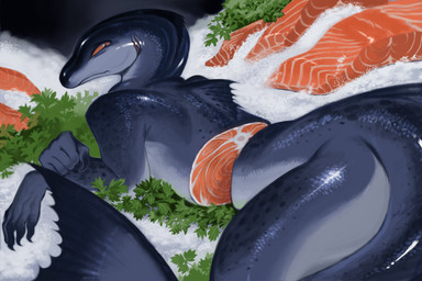 ambiguous_gender anthro bisected blue_body bone cartoon_gore character_prepared_as_food cross_section cut_in_half detailed_background dorsal_fin exposed_bone exposed_muscle fin fish_market food gills glistening glistening_body gore ice lying meat nude on_front raw_meat red_eyes severed_body_part solo tail tail_fin luckymuttz aquatic fish salmon salmonid_(fish) digital_media_(artwork) hi_res