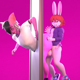 anthro balls big_butt bottomless bottomless_anthro bottomless_female brown_hair butt butt_slap clothed clothing eyewear female femboy femboy_penetrating feminine footwear fur genitals glasses hair looking_pleasured male male/male multicolored_body multicolored_fur sex shoes size_difference slap smile smirk smug_face smug_grin spanked_butt spanking stuck_together wearing_glasses adri164 gabby_summers_(oc) vladdo bat lagomorph leporid mammal rabbit 1:1 absurd_res hi_res