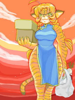 ahoge anthro asian_clothing bag big_breasts biped black_nose bottle box braided_hair breasts chinese_clothing chinese_dress clothing cloud container daikon_radish dress east_asian_clothing eyewear female food fur glasses green_eyes groceries hair holding_bag holding_box holding_container holding_object looking_at_viewer low-angle_view orange_body orange_fur orange_hair outside plant radish shopping_bag sky skyscape solo standing striped_body striped_fur stripes sunset tail vegetable wide_hips fujimaru_ao felid mammal pantherine tiger 2008 3:4