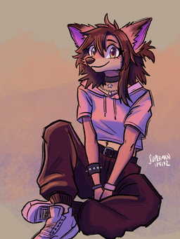 anthro bottomwear brown_hair clothing collar female footwear fur hair hoodie jewelry necklace orange_body orange_fur pants shoes sitting smile smiling_at_viewer sneakers solo topwear superman175172 canid canine fox mammal absurd_res hi_res