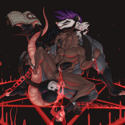 anal anal_penetration anal_tugging anthro anthro_on_anthro ball_tuft balls biceps big_balls big_penis black_balls black_penis black_tongue book brown_balls brown_body brown_fur dominant duo ear_piercing fangs fur genitals hair hooves horn humanoid_genitalia humanoid_penis larger_dom larger_male magic magic_circle male muscular muscular_male occult_symbol orange_eyes penetration penis pentacle pentagram piercing pink_nose pink_tongue purple_hair red_eyes size_difference smaller_male symbol teeth thick_penis tongue tongue_out tuft unsigned white_body white_fur white_penis velrizoth tyler_(velrizoth) american_opossum bovid caprine goat mammal marsupial 1:1 2019 hi_res