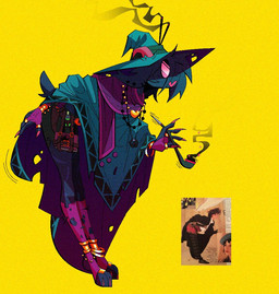 anklet anthro bent_over biped black_body black_fur bracelet claws clothing digitigrade eyewear finger_claws fingerless_gloves footwear fur furgonomic_footwear furgonomics glasses gloves handwear hat headgear headwear holding_pipe horn horn_through_headwear jewelry male monotone_background necklace paws pink_scarf poncho ring round_glasses scarf simple_background smoking_pipe solo wizard_hat yellow_background xexeezy deltarune undertale_(series) ralsei bovid caprine darkner goat mammal 2026 digital_media_(artwork) reference_image