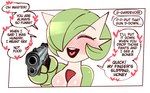 blush breasts eyes_closed female green_hair gun hair handgun heart_symbol holding_object holding_weapon not_furry offscreen_character open_mouth pistol ranged_weapon solo speech_bubble text threatening threatening_with_weapon weapon yandere saltyxodium nintendo pokemon gardevoir generation_3_pokemon humanoid pokemon_(species) 2022 absurd_res english_text hi_res