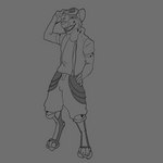 anthro clothed clothing compression_sleeve digitigrade eyewear eyewear_on_head footwear goggles goggles_on_head hand_on_hip male mixed_martial_arts open_clothing open_topwear open_vest shirt shoes solo t-shirt topwear vest worldbuilding biohound cheetah felid feline mammal 1:1 absurd_res greyscale hi_res monochrome