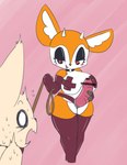 anthro big_breasts biped breasts clothed clothing dominant dominant_female duo eyelashes female front_view holding_leash holding_object latex latex_clothing leash legwear open_mouth pink_background pupils simple_background smile strapon thick_thighs thigh_highs vono aggretsuko sanrio fenneko tsunoda_(aggretsuko) canid canine deer fennec_fox fox mammal true_fox hi_res