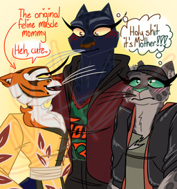 anthro blush female female/female fur group markings melanistic speech_bubble spots spotted_markings striped_body striped_fur stripes thought_bubble trio yarart dreamworks goat_(movie) kung_fu_panda sony_corporation sony_pictures the_bad_guys jett_fillmore kitty_kat_(the_bad_guys) master_tigress felid feline leopard mammal pantherine snow_leopard tiger