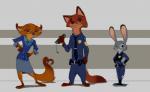 3_toes anthro barefoot clothed clothing feet female fur group male plantigrade police standing suit toes ruffu disney zootopia judy_hopps megan_fawkes nick_wilde canid canine fox lagomorph leporid mammal rabbit red_fox true_fox hi_res