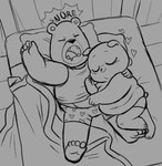 anthro bed belly clothing duo furniture heart_symbol hug lying male male/male navel overweight overweight_male pillow shirt sleeping topwear underwear holycuddlyheart unicorn_wars gordi_(unicorn_wars) sargento_caricias bear mammal 2024 monochrome