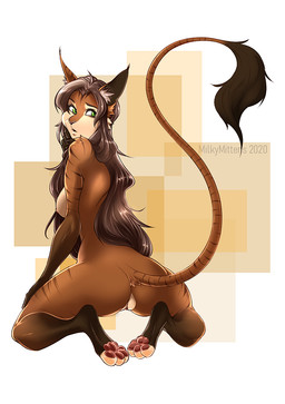 4_toes anthro big_butt breasts brown_body brown_eyebrows brown_fur brown_hair brown_nose brown_tail_tuft butt crouching eyebrows feet female fingers fur gloves_(marking) green_eyes hair inner_ear_fluff kneeling leg_markings markings medium_breasts multicolored_body multicolored_fur nipples pawpads pink_nipples pink_pawpads side_boob socks_(marking) solo tail tail_tuft thick_thighs toeless_(marking) toeless_socks_(marking) toes tuft white_inner_ear_fluff wide_hips milkymittens felid mammal 2020 hi_res