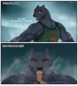 anthro athletic athletic_female bedroom_eyes black_body black_fur black_nose blush bodily_fluids border brown_eyes clothing cum cum_in_mouth cum_inside cumshot dialogue duo ejaculation erection eyebrows fellatio female first_person_view fur genital_fluids genitals grey_border half-closed_eyes heart_eyes heart_symbol larger_female larger_sub male male/female markings muscular muscular_anthro muscular_female narrowed_eyes oral oral_penetration orgasm penetration penile penis seductive sex shirt size_difference smile sportswear spots spotted_body spotted_fur steam submissive submissive_female sweat sweaty_body tank_top text topwear yellow_sclera pancarta goat_(movie) sony_corporation sony_pictures jett_fillmore will_harris felid mammal pantherine 2026 absurd_res artist_name comic english_text hi_res