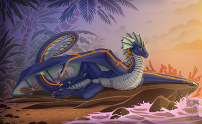 claws feet feral licking licking_lips licking_own_lips looking_at_viewer lying membrane_(anatomy) membranous_wings on_side outside palm_tree paws plant rock sand scales seaside sky smile solo tail toe_claws toes tongue tongue_out tree water wings keltaan european_mythology mythology storm_(wyvern) dragon mythological_creature mythological_scalie scalie western_dragon wyvern hi_res
