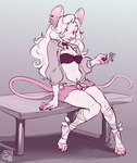 anthro big_ears bra breasts cellphone clothing ear_piercing ear_ring electronics eyeshadow female fur hair jewelry makeup necklace open_top phone piercing ring_piercing sitting smartphone solo underwear white_body white_fur white_hair kidcub lily_(lilysqueak) mammal mouse murid murine rodent hi_res