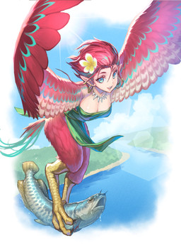 accessory avian_feet blue_eyes breasts cleavage clothed clothed_female clothing feathers female flower flower_in_hair hair hair_accessory humanoid_pointy_ears jewelry light_body light_skin necklace outside plant pointy_ears realistic_wings red_body red_feathers red_hair river sky solo wings hatapug european_mythology greek_mythology mythology animal_humanoid aquatic avian fish harpy humanoid mythological_avian mythological_creature hi_res