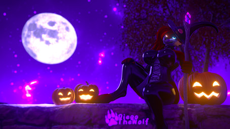 anthro big_breasts blue_eyes breasts clothing female food fruit hat headgear headwear holidays moon night plant pose pumpkin purple_background red_body red_eyes simple_background solo wand witch_costume witch_hat diegothewolf alberarts_(modeler) halloween diana_(diegothewolf) hyenid_(alber) canid canine canis hyenid_(species) mammal wolf 16:9 3d_(artwork) blender_(artwork) blender_eevee_(artwork) digital_media_(artwork) hi_res pinup widescreen