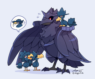 ambiguous_gender beak biped carrying_another feral group on_shoulder red_eyes size_difference smile surprised d4ggerfish nintendo pokemon avian bird corvid corviknight generation_2_pokemon generation_4_pokemon generation_8_pokemon honchkrow murkrow oscine passerine pokemon_(species) 2019 signature