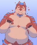 anthro blue_body blue_fur blush body_hair chest_tuft claws facial_hair finger_claws fur goatee happy_trail heart_symbol male nude orange_body orange_eyes orange_fur pecs slightly_chubby solo tan_body tan_fur tuft thatdouginme lifewonders tokyo_afterschool_summoners yuma_(tas) canid canine canis mammal wolf hi_res