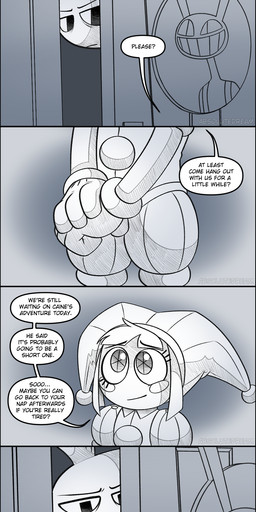 anthro clothed clothing door female jester male overalls speech_bubble text absolutedream glitch_productions the_amazing_digital_circus caine_(tadc) jax_(tadc) pomni_(tadc) human lagomorph leporid mammal rabbit absurd_res comic english_text hi_res long_image tall_image
