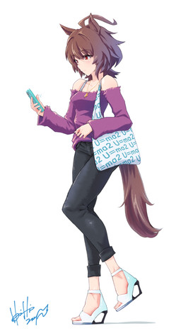 ahoge bag bottomwear breasts brown_hair cellphone clothed clothing electronics eyebrow_through_hair eyebrows eyelashes female footwear hair high_heels off_shoulder pants phone red_eyes shirt shoes smartphone solo tail topwear translucent translucent_hair horishin cygames uma_musume_pretty_derby agnes_tachyon_(pretty_derby) animal_humanoid equid equid_humanoid equine equine_humanoid horse_humanoid humanoid mammal mammal_humanoid 2021 hi_res