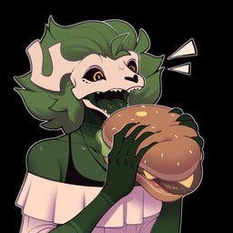anthro black_clothing black_sclera bone burger clothed clothing dark_body deer_skull fangs food green_body green_hair green_tongue hair holding_burger holding_food holding_object horn open_mouth skull skull_head solo teeth tongue topwear white_clothing white_horn white_topwear yellow_eyes conditional_dnp welwraith scraper_city wicker_(welwraith) deer mammal 1:1 2026 digital_drawing_(artwork) digital_media_(artwork) hi_res