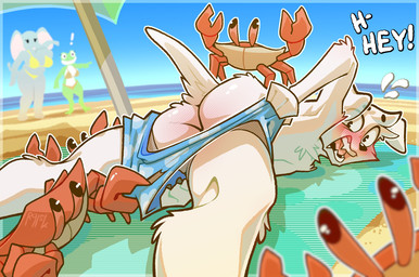 anthro ass_up assisted_exposure beach beach_umbrella bikini bikini_bottom bikini_top blush blushing_butt bottomwear clothing clothing_aside clothing_pull clothing_theft crab_stealing_clothing dialogue exclamation_point fangs female fluffy fluffy_chest fur gesture green_body grey_body group hand_gesture lying male male/female narrowed_eyes on_front open_mouth pants parasol pointing sand sea shorts stealing swimming_trunks swimwear swimwear_aside swimwear_down swimwear_pull swimwear_theft teeth torn_bottomwear torn_clothing torn_pants torn_shorts towel two-piece_swimsuit undressing undressing_crabs water white_body white_fur ralek leela_(chunkiroll) loona_(chunkiroll) shaun_(chunkiroll) amphibian arthropod canid canine canis crab crustacean decapod domestic_dog elephant elephantid frog malacostracan mammal proboscidean 2026 digital_media_(artwork) hi_res signature