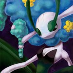 breasts cleavage clothed clothing female flower half-closed_eyes narrowed_eyes plant purple_background simple_background smile solo upper_body white_body unknown_artist nintendo pokemon blue_flower_florges elemental_creature flora_fauna florges generation_6_pokemon pokemon_(species) 1:1 2014