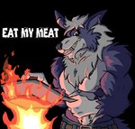 anthro belt blue_body blue_fur bottomwear chest_tuft clothing cooking dialogue fangs fire fur holding_object holding_pan looking_at_viewer male multicolored_body multicolored_fur muscular muscular_male nipples pants sabertooth_(anatomy) scar scars_all_over sharp_teeth smile solo teeth text tuft two_tone_body two_tone_fur white_body white_fur bluewollvieh bandai_namco digimon mythology bancholeomon banchowollviehmon canid canine canis digimon_(species) felid humanoid hybrid lion mammal mythological_canine mythological_creature pantherine werecanid werecanine werecreature werewolf wolf alpha_channel english_text hi_res