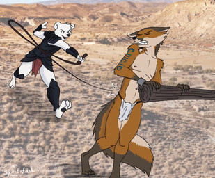 anthro arm_markings armor black_nose bottomwear clenched_teeth clothed clothing cuff_(restraint) duo fur loincloth male markings navel nipples red_body red_fur restraints shackles skimpy skimpy_loincloth tail teeth whip whipping white_body white_fur spiritofash sakara_(metrofox2) canid canine fox mammal mustelid musteline stoat true_musteline weasel hi_res