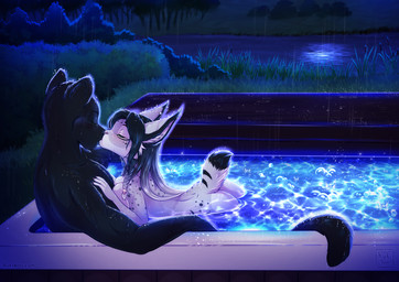 anthro biped breasts butt claws duo female fingers fur hair kissing male night nude nude_anthro nude_female nude_male outside raining spots swimming_pool tail water rukifox felid feline lynx mammal 2026 digital_drawing_(artwork) digital_media_(artwork)