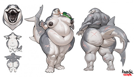 5_fingers abdominal_scar anthro belly big_belly big_butt bodily_fluids breast_scar breasts breasts_apart butt butt_scar claws eating female fingers food grey_body grey_nipples leg_scar meat morbidly_obese navel nipples nude obese overweight overweight_anthro overweight_female saliva saliva_string scar sharp_teeth simple_background smile solo standing t-pose tail tail_scar teeth tongue white_background raudegil fish marine shark hi_res signature