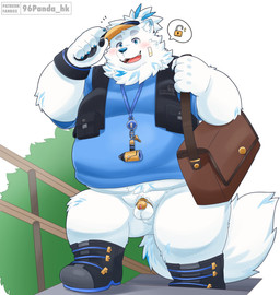 anthro balls belly blush boots bottomless bottomless_male casual_chastity casual_exposure chastity_cage chastity_device chastity_key clothed clothing footwear fupa fur genitals gold_(metal) gold_chastity_cage gold_chastity_device hair hat headgear headwear hiking jewelry key key_around_neck key_necklace male necklace overweight ponytail shoes solo visor_cap white_body white_fur 96panda lifewonders live_a_hero yohack canid canine canis domestic_dog mammal nordic_sled_dog samoyed spitz hi_res