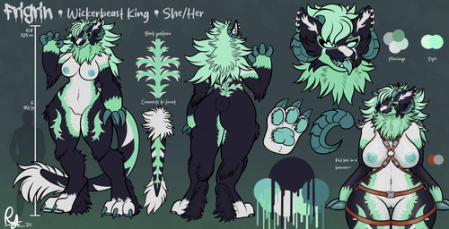 ankle_tuft anthro areola arm_tuft barbell_piercing big_butt black_body black_fur breasts butt cheek_tuft claw_fingers claws color_swatch countershade_torso countershading curvy_figure ear_piercing ear_ring elbow_tuft eyebrow_piercing eyelashes facial_piercing facial_tuft feet female fluffy fluffy_mane front_view fur genitals gradient_eyes green_areola green_body green_claws green_eyes green_fur green_horn green_markings hair harness head_tuft hindpaw horn huge_butt knee_tuft leg_tuft makeup mane mane_hair markings mascara multicolored_body multicolored_fur multiple_piercings neck_tuft nipples no_pupils nude nude_anthro nude_female open_mouth paws piercing rear_view red_harness ring_piercing shoulder_tuft simple_background solo standing suggestive tail tail_tuft text thick_eyelashes thick_thighs thigh_tuft tongue tongue_out tuft vulva white_body white_breasts white_fur white_markings wide_hips ryshokka_syre frigrin_(ryshokka_syre) mammal wickerbeast 2025 digital_drawing_(artwork) digital_media_(artwork) english_text flat_colors hi_res model_sheet signature