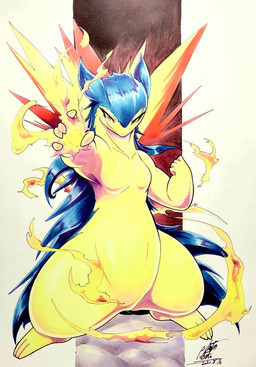 anthro breasts elemental_manipulation featureless_breasts featureless_crotch female fire fire_manipulation nude small_breasts solo yellow_body 025aki nintendo pokemon generation_2_pokemon pokemon_(species) typhlosion absurd_res full-length_portrait hi_res portrait signature