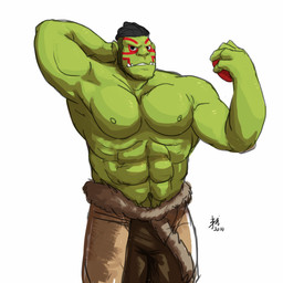 abs athletic beard biceps big_muscles black_hair bodypaint bottomwear clothed clothing face_paint facial_hair fangs green_body green_skin hair hand_behind_head humanoid_pointy_ears looking_at_viewer male muscular muscular_male nipples not_furry pants pecs pointy_ears pose simple_background solo standing teeth topless tusks white_background bin_(artist) humanoid orc 1:1 hi_res