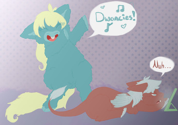 ambiguous_feral ambiguous_gender animal_genitalia baby_talk balls blonde_hair blue_body blue_eyes blue_fur blue_hair blue_hooves blue_wings bored brown_body brown_fur buckteeth dancing dialogue duo eyes_closed feral front_view fur genitals hair happy hooves indifferent lying male male_feral on_front on_hind_legs open_mouth pattern_background sheath side_view simple_background smile tablet_computer tail teeth text wings yellow_tail young young_ambiguous young_feral young_male lemoncurds fluffy_pony fluffy_pony_(species) mammal 2021 digital_media_(artwork) english_text hi_res