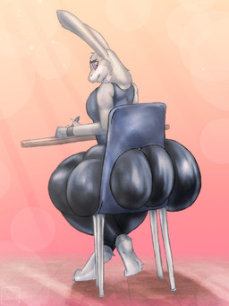 anthro big_breasts big_butt bottomwear breasts butt clothing desk female fur furniture grey_body grey_fur huge_butt hyper hyper_butt multicolored_body multicolored_fur open_mouth pants pen purple_eyes school_desk shirt sitting solo table thick_thighs topwear two_tone_body two_tone_fur xtrent968 disney zootopia judy_hopps lagomorph leporid mammal rabbit 2016 3:4 digital_media_(artwork) hi_res